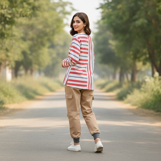 Esprit Red Multi Stripe Cotton Top for Women