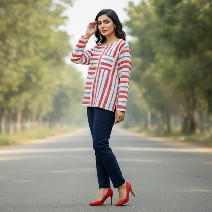 Esprit Red Multi Stripe Cotton Top for Women