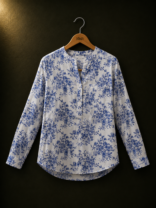 Sfera Basic Blue Floral Cotton Shirt for Women