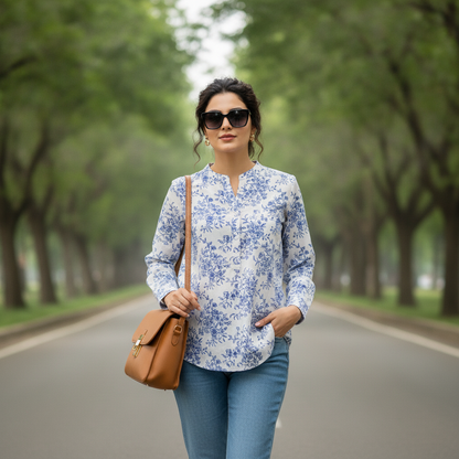 Sfera Basic Blue Floral Cotton Shirt for Women