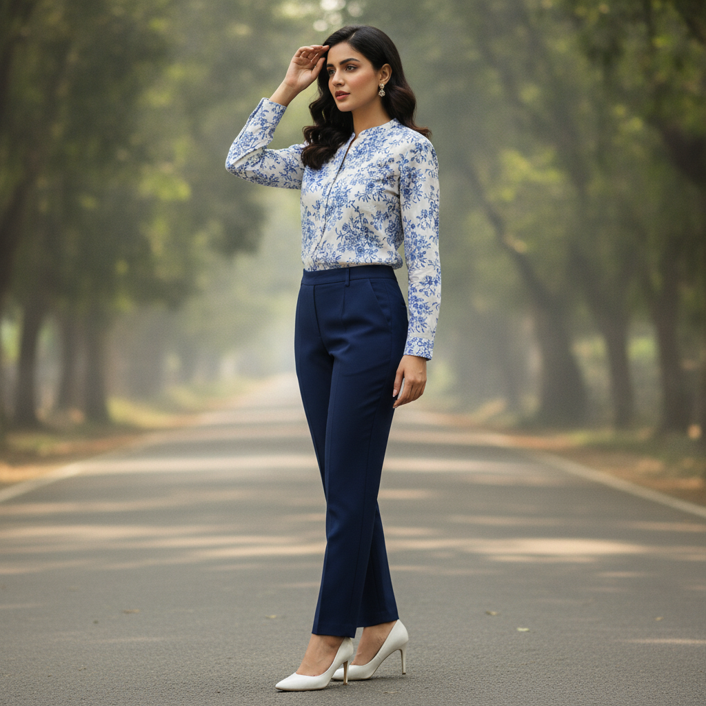 Sfera Basic Blue Floral Cotton Shirt for Women