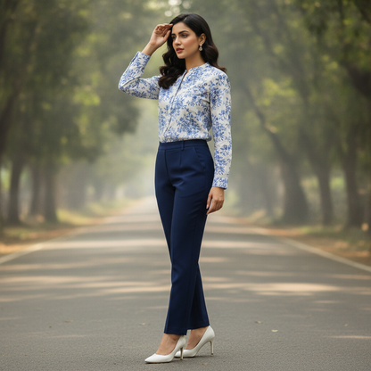 Sfera Basic Blue Floral Cotton Shirt for Women