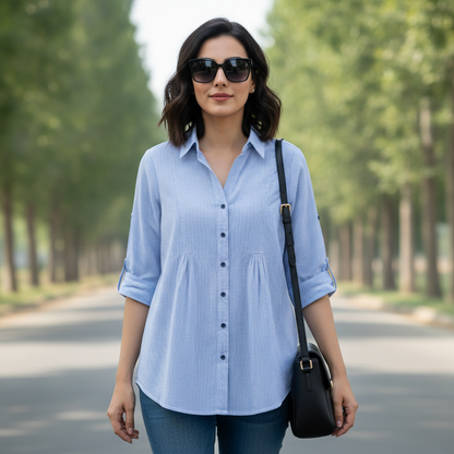 BONNARE Sky Blue Stripe Cotton Long Shirt for Women