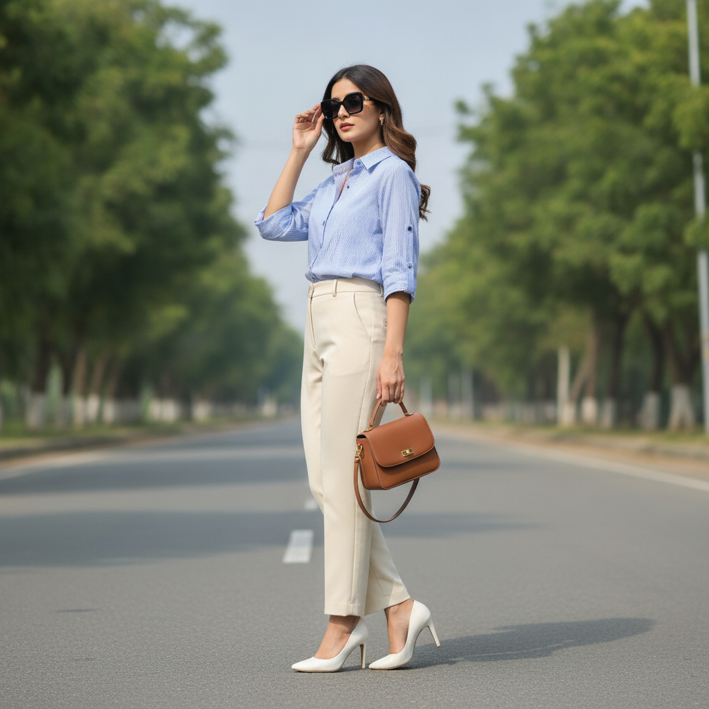 BONNARE Sky Blue Stripe Cotton Long Shirt for Women