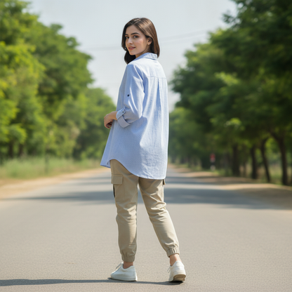 BONNARE Sky Blue Stripe Cotton Long Shirt for Women