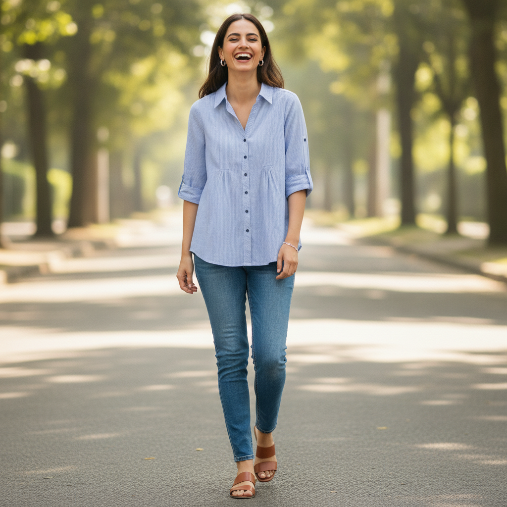 BONNARE Sky Blue Stripe Cotton Long Shirt for Women