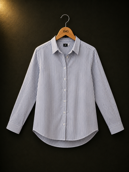 H&M Blue Stripe Cotton Button-Up Shirt for Women