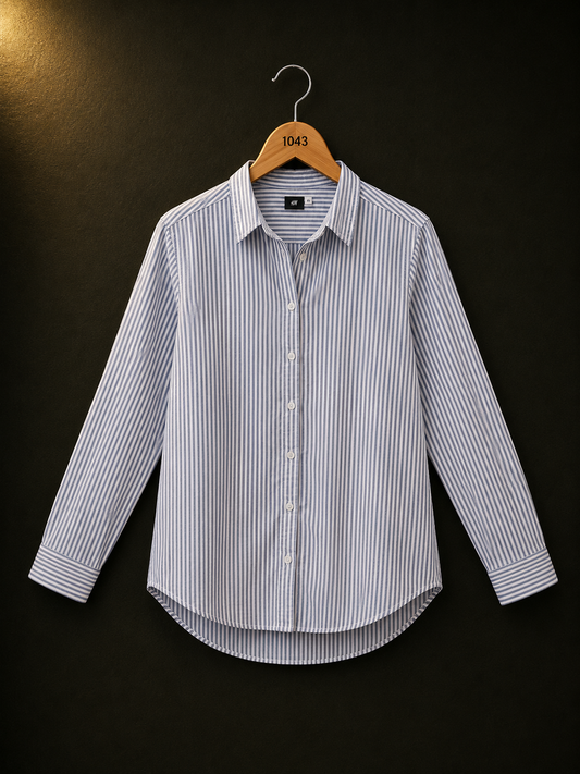 H&M Blue Stripe Cotton Button-Up Shirt for Women