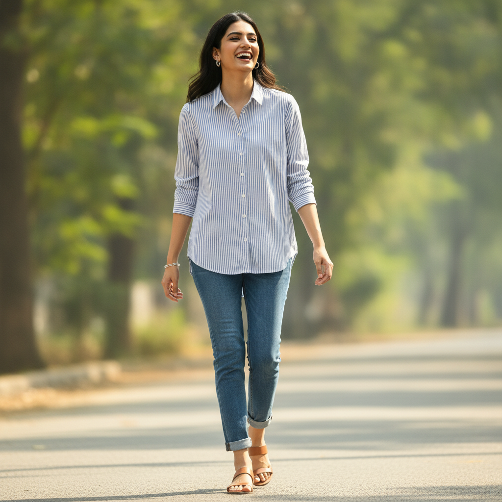 H&M Blue Stripe Cotton Button-Up Shirt for Women