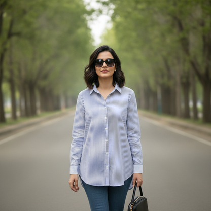 H&M Blue Stripe Cotton Button-Up Shirt for Women