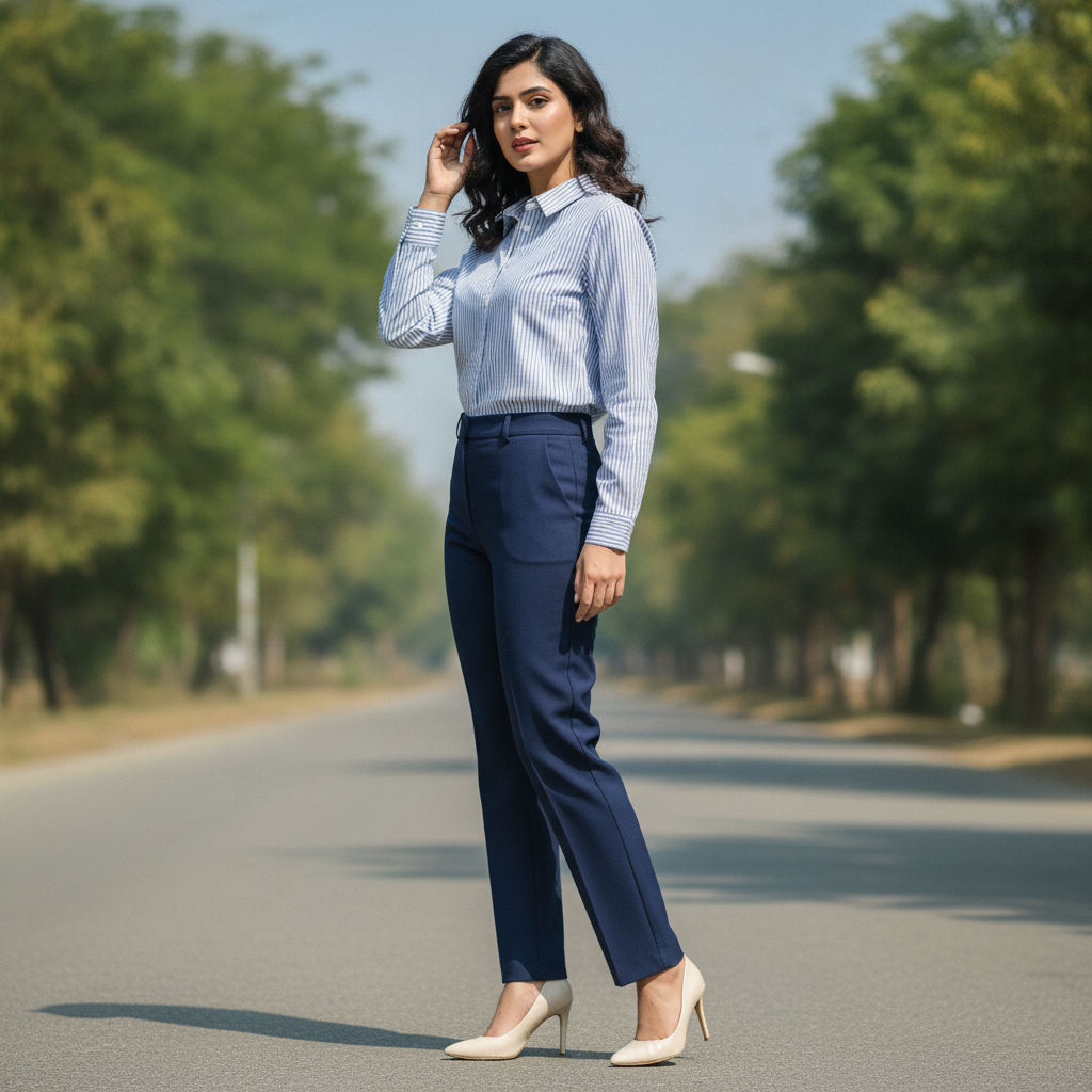 H&M Blue Stripe Cotton Button-Up Shirt for Women