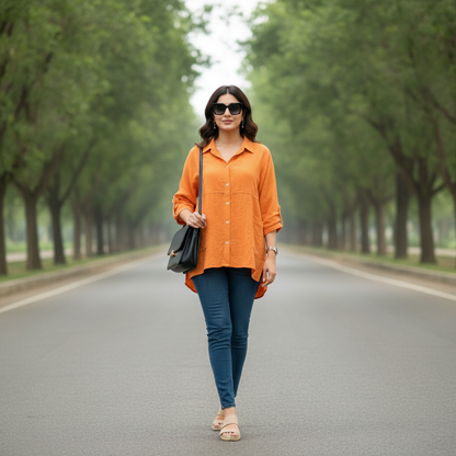 BONNARE Oversized Orange Cotton Shirt for Women