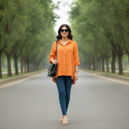 BONNARE Oversized Orange Cotton Shirt for Women
