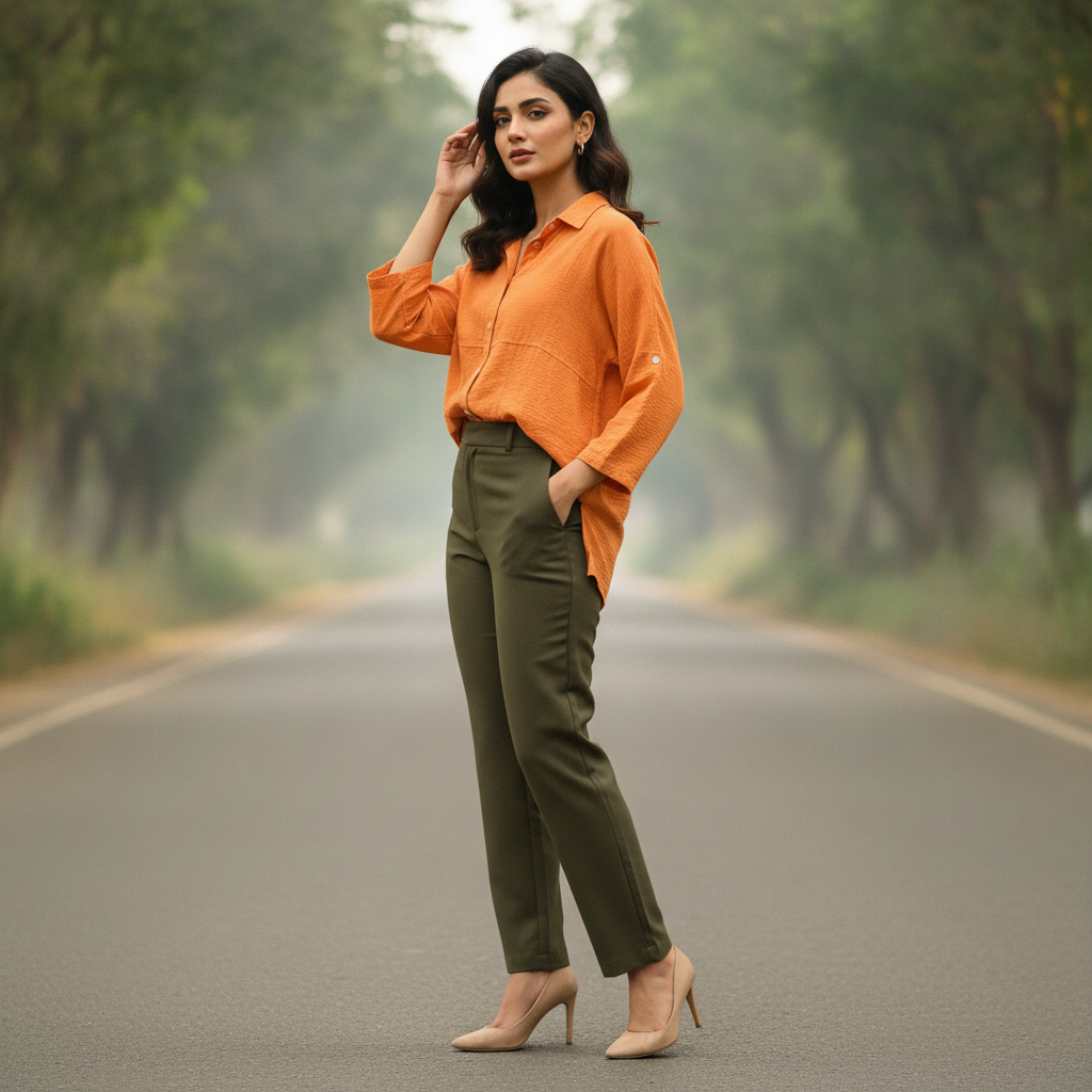 BONNARE Oversized Orange Cotton Shirt for Women