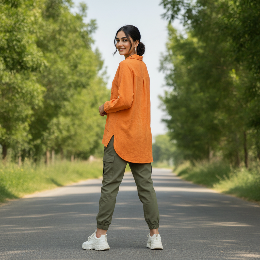 BONNARE Oversized Orange Cotton Shirt for Women