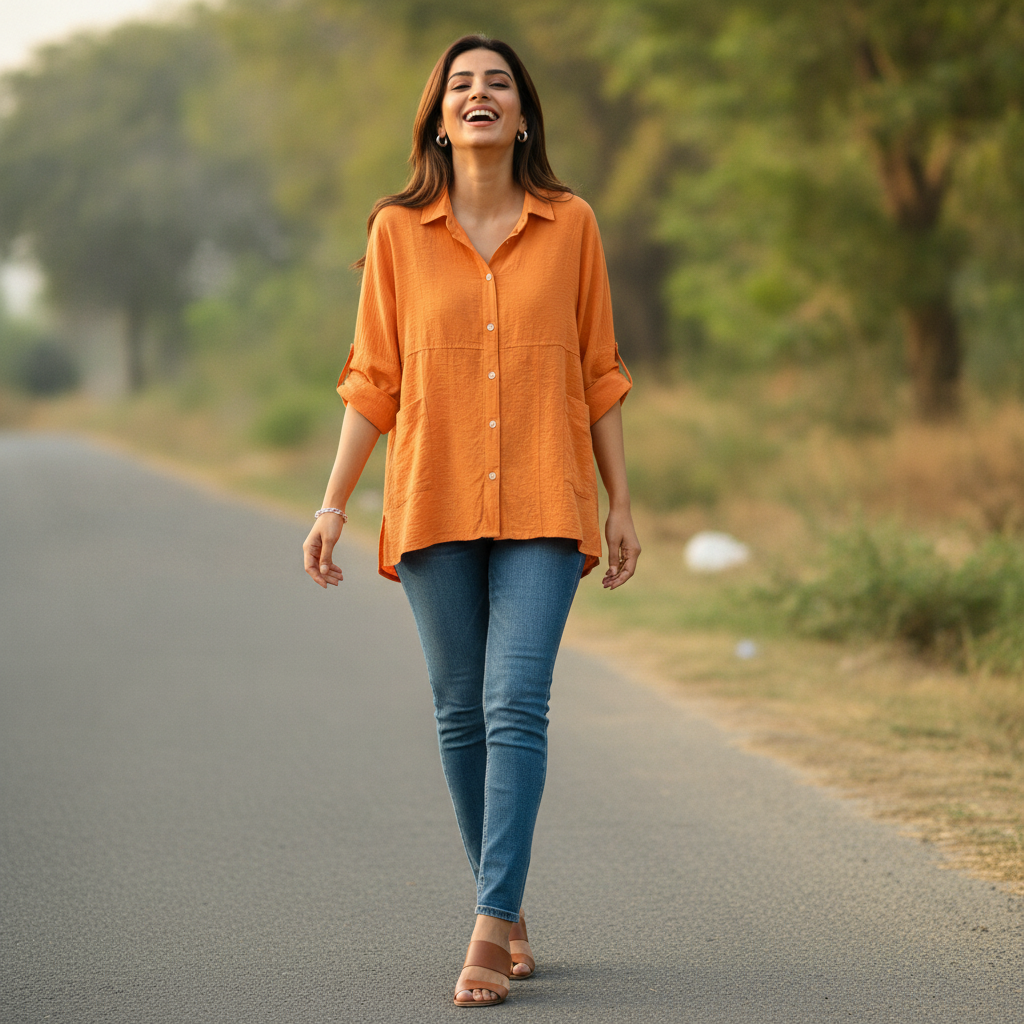 BONNARE Oversized Orange Cotton Shirt for Women