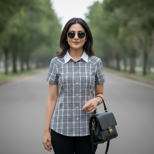 Eterna Black & White Check Cotton Shirt for Women