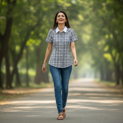 Eterna Black & White Check Cotton Shirt for Women