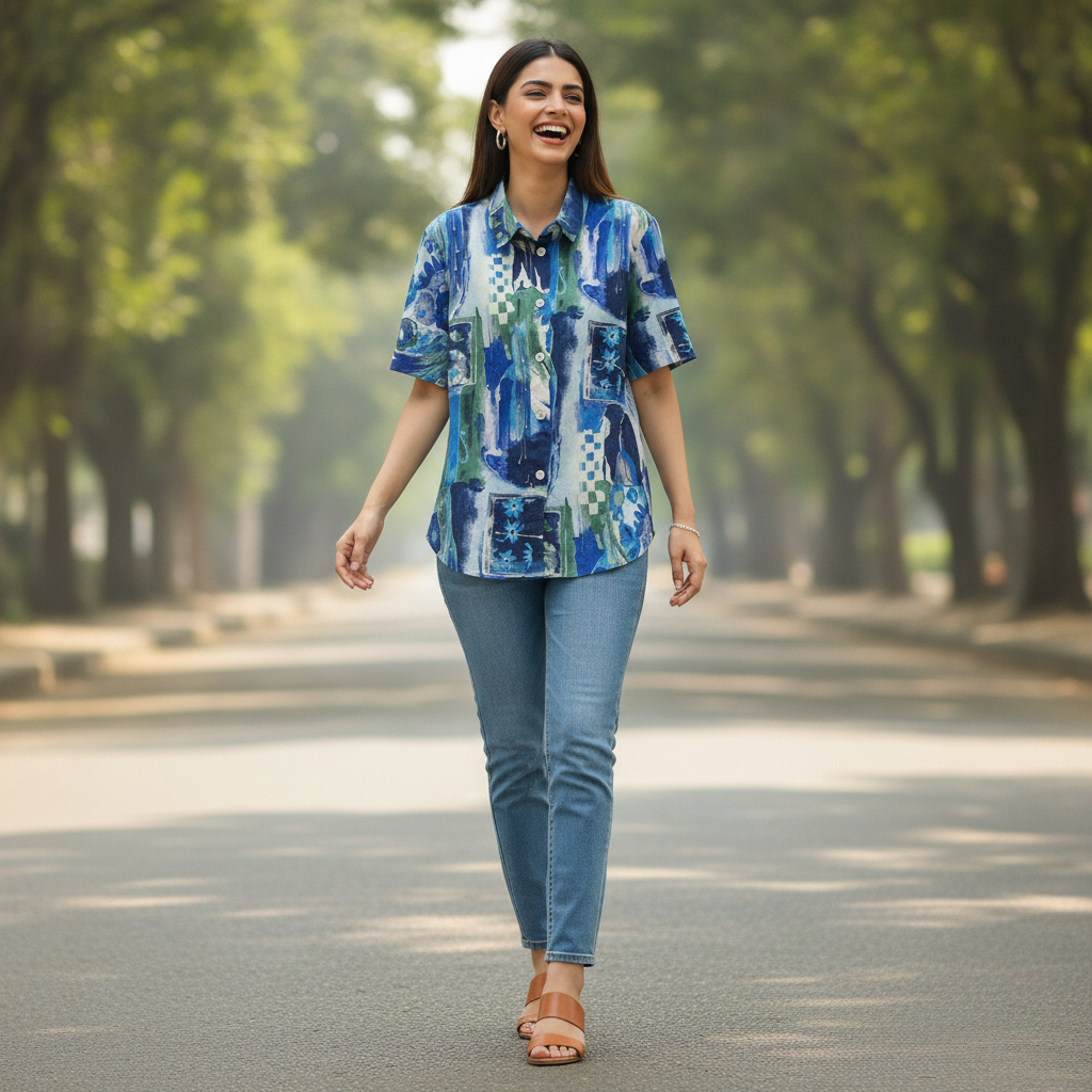 BONNARE Blue Abstract Georgette Shirt for Women