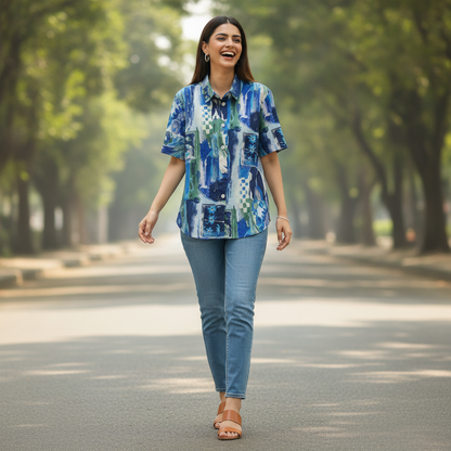 BONNARE Blue Abstract Georgette Shirt for Women