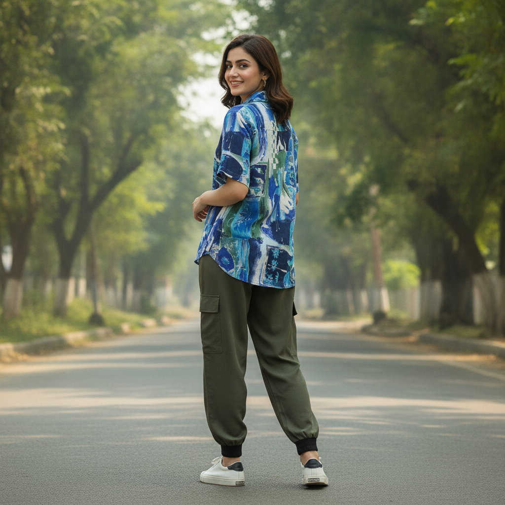 BONNARE Blue Abstract Georgette Shirt for Women