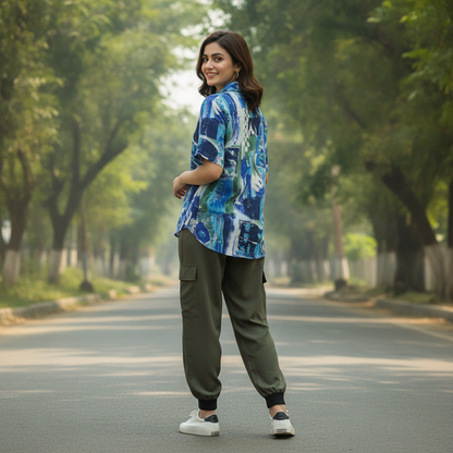 BONNARE Blue Abstract Georgette Shirt for Women
