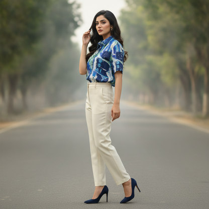 BONNARE Blue Abstract Georgette Shirt for Women
