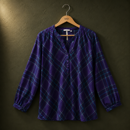 Women's Purple Check Cotton Top with Button Neck