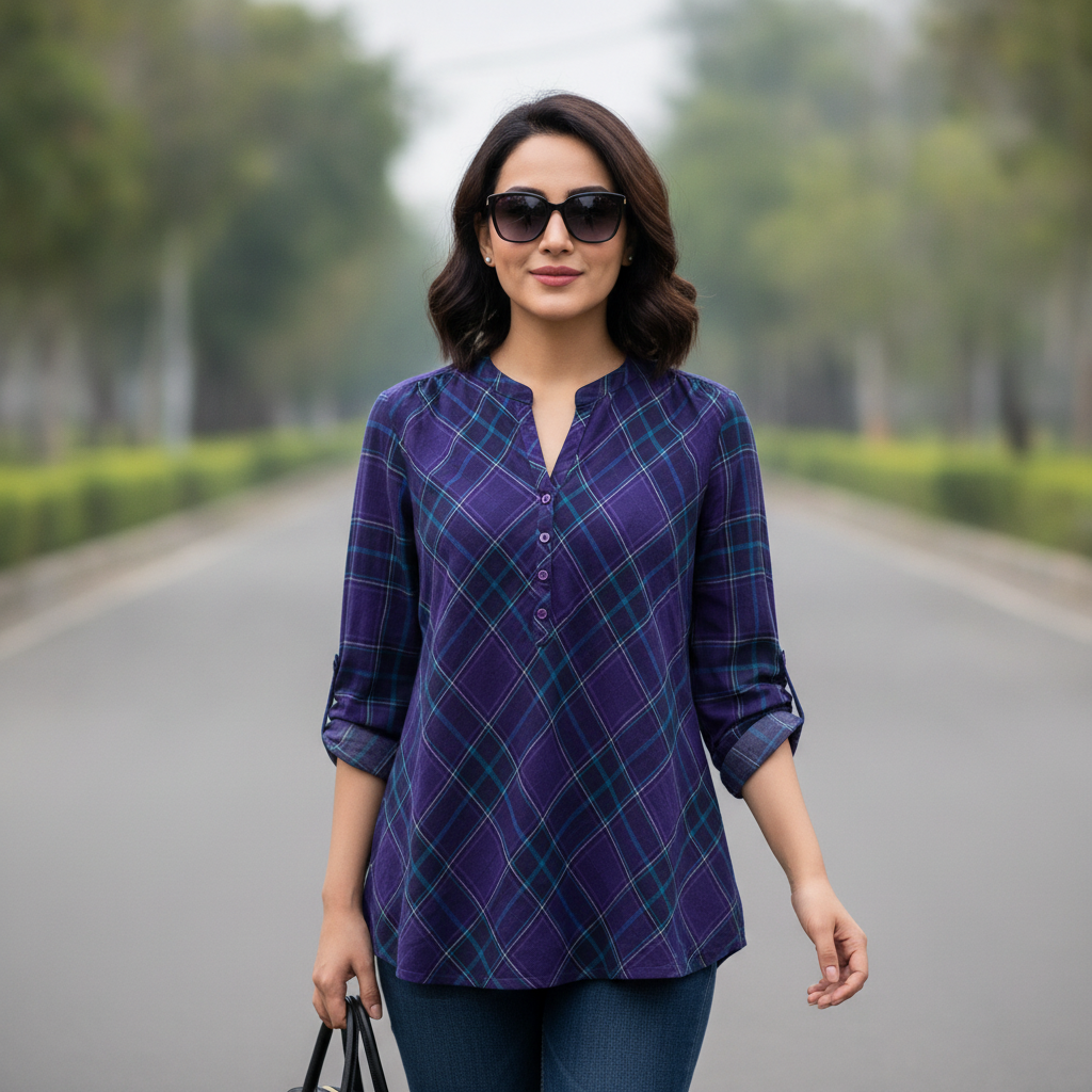 Women's Purple Check Cotton Top with Button Neck