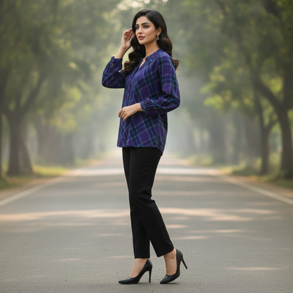 Women's Purple Check Cotton Top with Button Neck