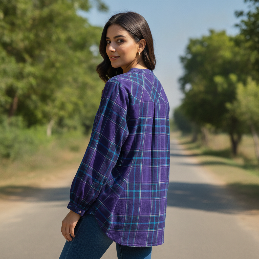 Women's Purple Check Cotton Top with Button Neck