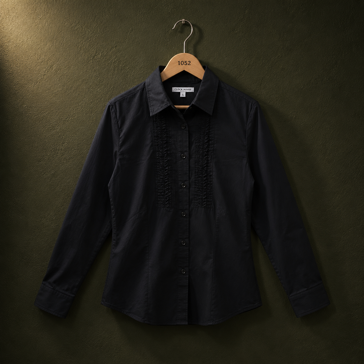 Women's Black Cotton Formal Shirt with Ruffle Detail