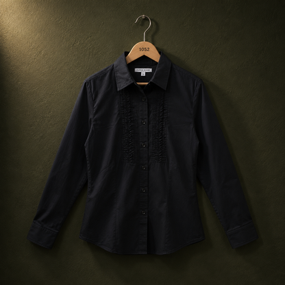 Women's Black Cotton Formal Shirt with Ruffle Detail