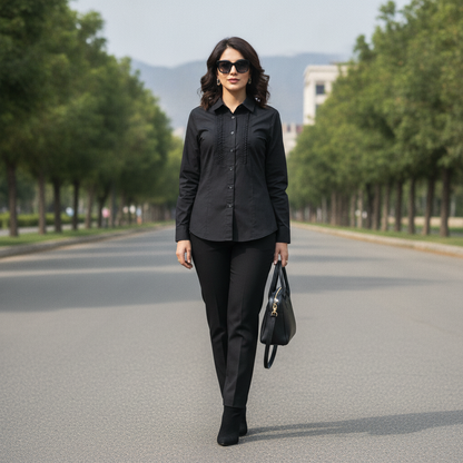 Women's Black Cotton Formal Shirt with Ruffle Detail