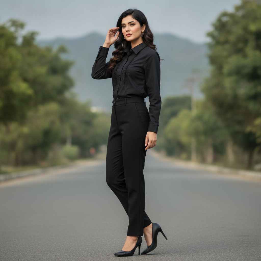 Women's Black Cotton Formal Shirt with Ruffle Detail