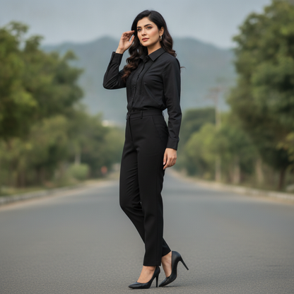 Women's Black Cotton Formal Shirt with Ruffle Detail