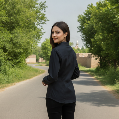 Women's Black Cotton Formal Shirt with Ruffle Detail