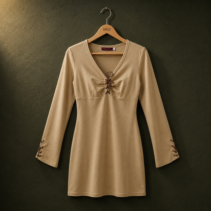Women's Beige Velvet Lace-Up Dress Top