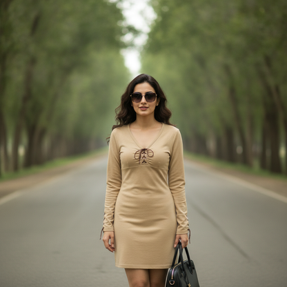Women's Beige Velvet Lace-Up Dress Top