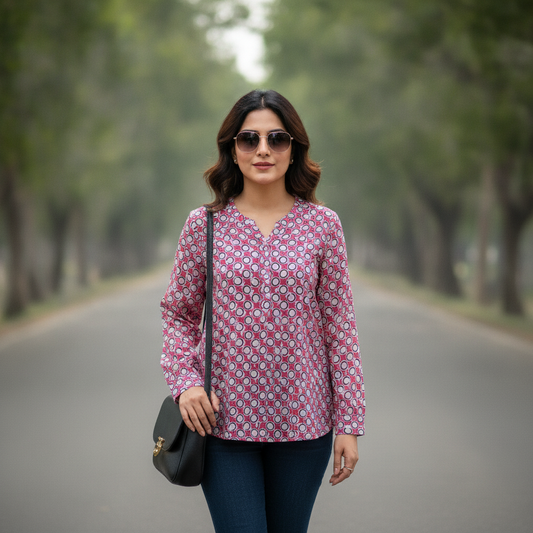 Women's Pink Printed Viscose Casual Top