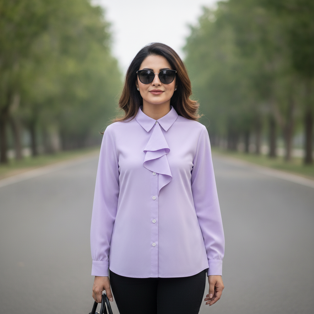 Women's Lavender Ruffle Front Blouse