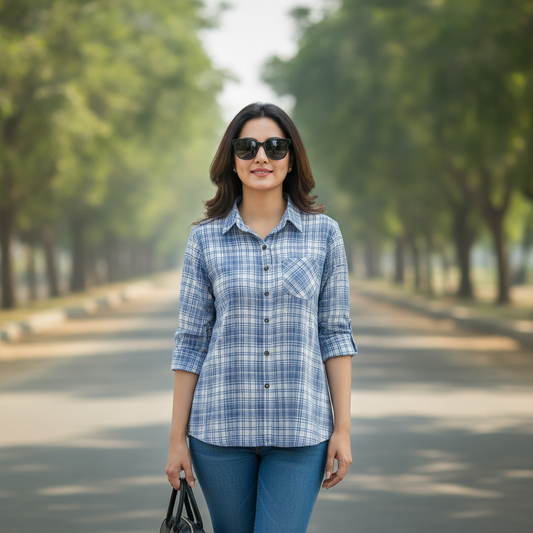 Women's Blue Check Cotton Shirt with Pocket