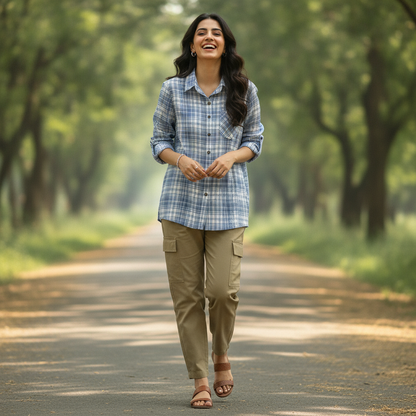 Women's Blue Check Cotton Shirt with Pocket