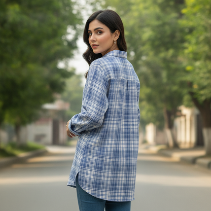 Women's Blue Check Cotton Shirt with Pocket
