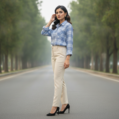 Women's Blue Check Cotton Shirt with Pocket