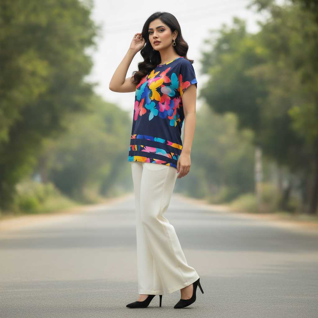 Women's Butterfly Print Viscose Casual Top