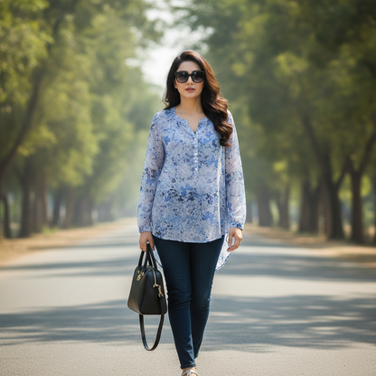 Women's Blue Floral Georgette Top
