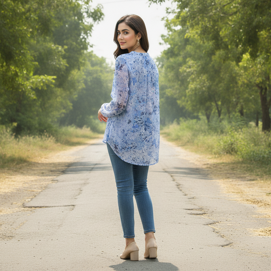Women's Blue Floral Georgette Top