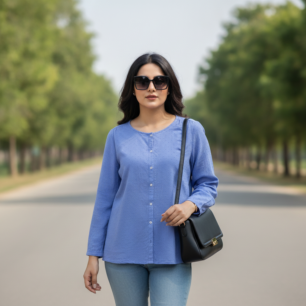 Bonnare Sky Blue Cotton Button Front Top for Women | Soft Casual Shirt