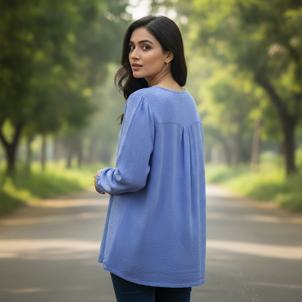 Bonnare Sky Blue Cotton Button Front Top for Women | Soft Casual Shirt